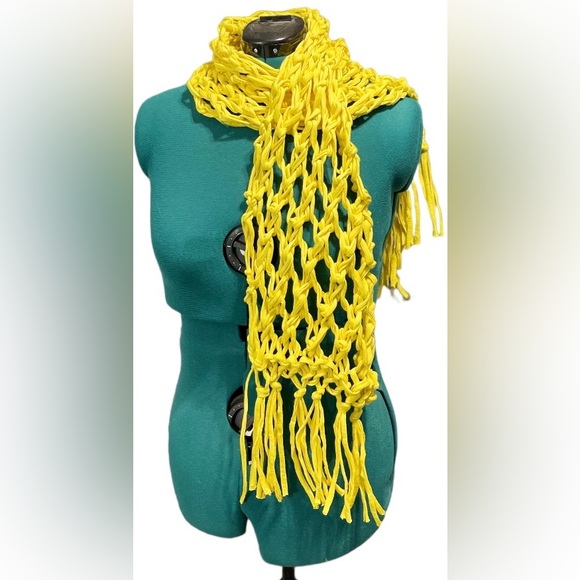 Hand Crafted Yellow Year Round Cotton Knit Chunky Lace Scarf With Tassels - Picture 5 of 5